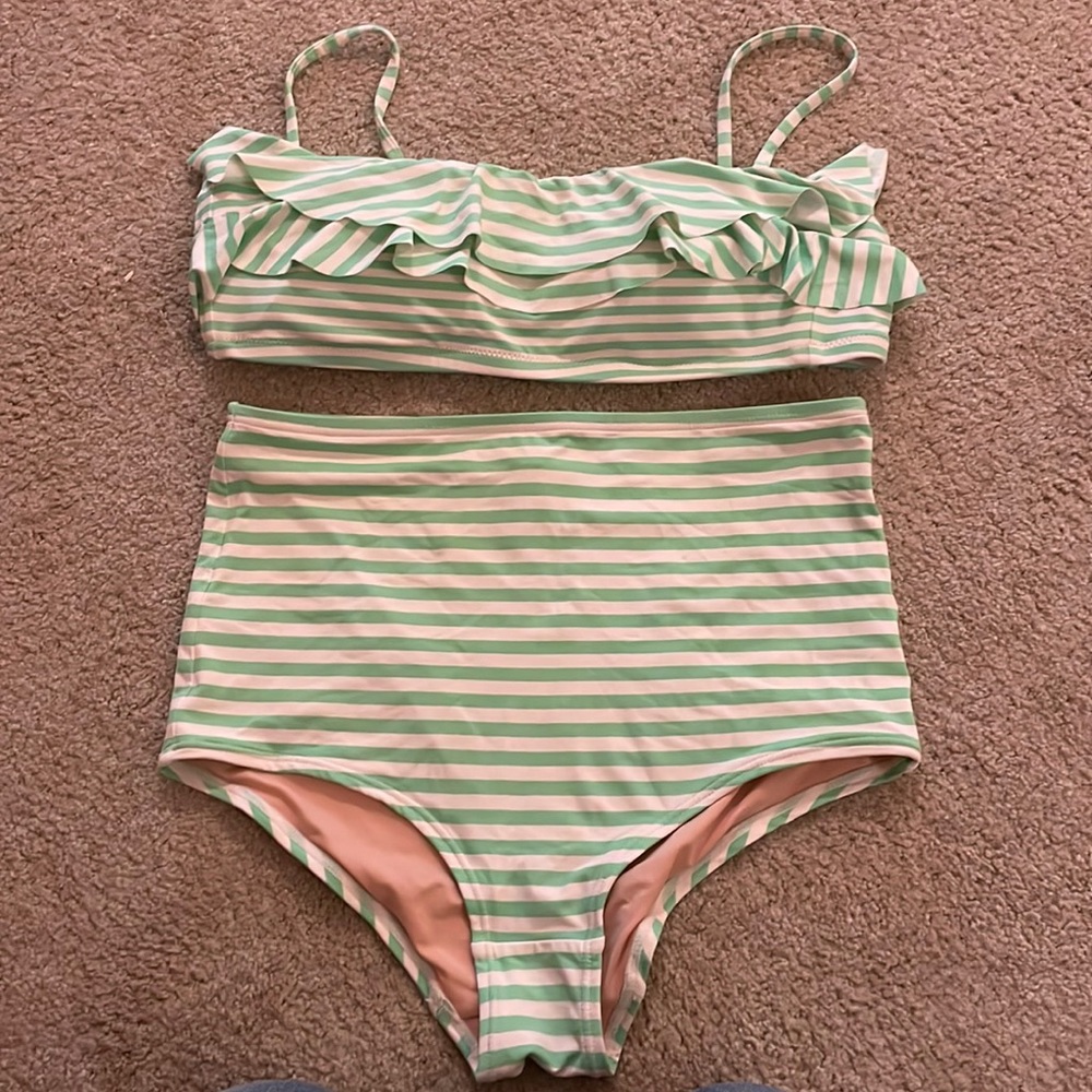 J. Crew Green Stripe Bikini Set Small